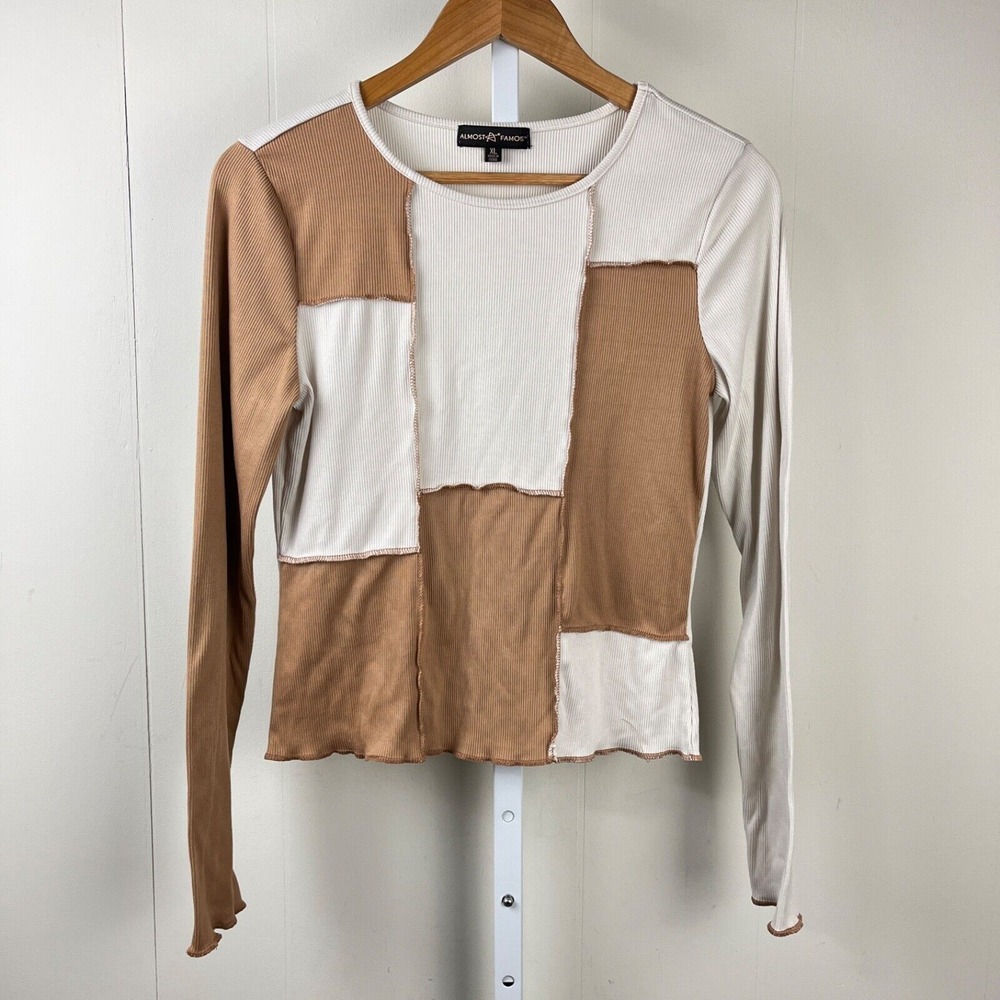 Almost Famous VTG Y2K Ribbed Patchwork Top Juniors XL Cream Tan Long Sleeve